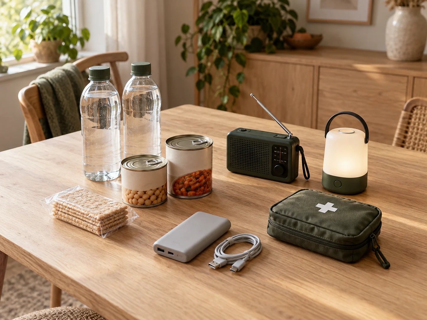 Een selectie basisbenodigdheden op tafel: water, houdbaar eten, radio, lamp, powerbank en EHBO-etui.